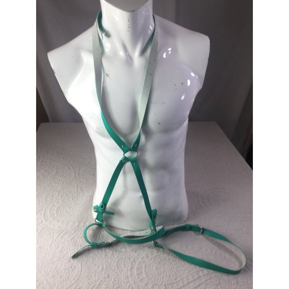 Adjustable Teal Faux Leather Chest Harness*Gay*BDSM*Buckles*Rivets*Halloween*New